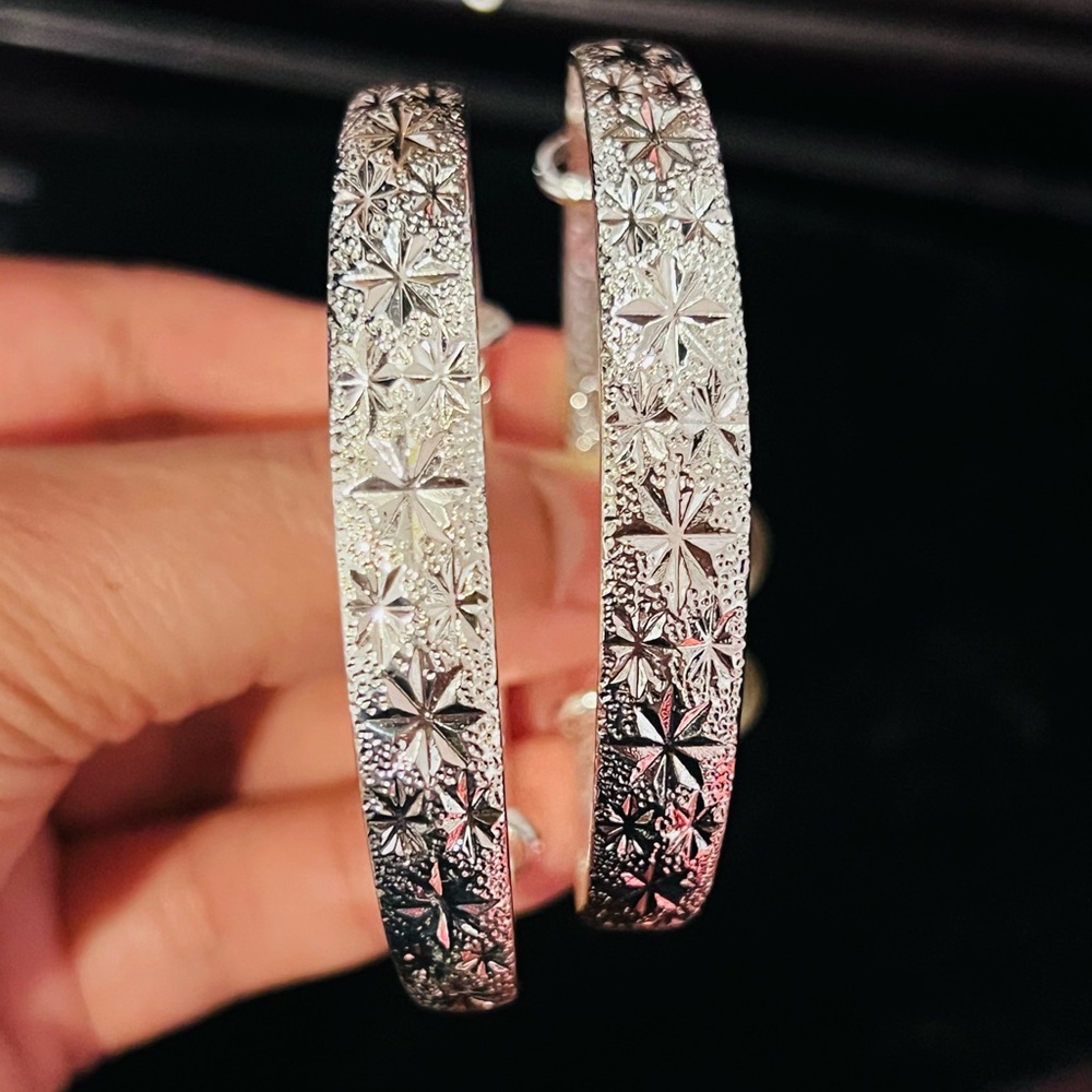 Elegant 2pcs of 925 Sterling Silver Bangles Bracelet StarPattern for Girls/Women